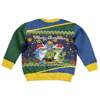 Solomon Islands Christmas Kid Ugly Christmas Sweater Funny Xmas Crocodile and Shark with National Seal Melanesian Pattern LT03 - Polynesian Pride
