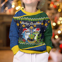 Solomon Islands Christmas Kid Ugly Christmas Sweater Funny Xmas Crocodile and Shark with National Seal Melanesian Pattern LT03 - Polynesian Pride