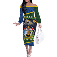 Funny Crocodile and Shark Solomon Islands Christmas Off The Shoulder Long Sleeve Dress with National Seal Melanesian Pattern LT03 Women Blue - Polynesian Pride