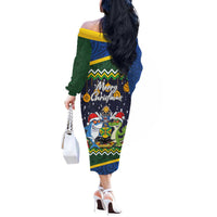 Funny Crocodile and Shark Solomon Islands Christmas Off The Shoulder Long Sleeve Dress with National Seal Melanesian Pattern LT03 - Polynesian Pride