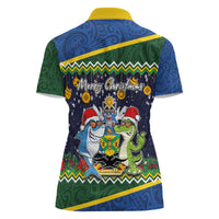 Funny Crocodile and Shark Solomon Islands Christmas Women Polo Shirt with National Seal Melanesian Pattern