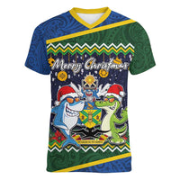 Funny Crocodile and Shark Solomon Islands Christmas Women V-Neck T-Shirt with National Seal Melanesian Pattern LT03 Female Blue - Polynesian Pride