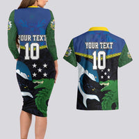 Custom Solomon Islands Rugby Couples Matching Long Sleeve Bodycon Dress and Hawaiian Shirt Arty Shark and Crocodile Solomon Islands National Emblems LT03 - Polynesian Pride