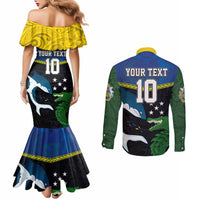 Custom Solomon Islands Rugby Couples Matching Mermaid Dress and Long Sleeve Button Shirt Arty Shark and Crocodile Solomon Islands National Emblems LT03 - Polynesian Pride