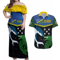 Custom Solomon Islands Rugby Couples Matching Off Shoulder Maxi Dress and Hawaiian Shirt Arty Shark and Crocodile Solomon Islands National Emblems LT03 Blue - Polynesian Pride