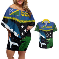 Custom Solomon Islands Rugby Couples Matching Off Shoulder Short Dress and Hawaiian Shirt Arty Shark and Crocodile Solomon Islands National Emblems LT03 Blue - Polynesian Pride