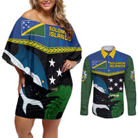 Custom Solomon Islands Rugby Couples Matching Off Shoulder Short Dress and Long Sleeve Button Shirt Arty Shark and Crocodile Solomon Islands National Emblems LT03 Blue - Polynesian Pride