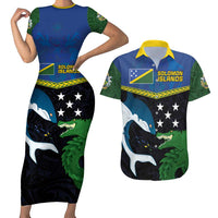 Custom Solomon Islands Rugby Couples Matching Short Sleeve Bodycon Dress and Hawaiian Shirt Arty Shark and Crocodile Solomon Islands National Emblems LT03 Blue - Polynesian Pride