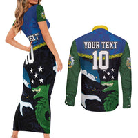 Custom Solomon Islands Rugby Couples Matching Short Sleeve Bodycon Dress and Long Sleeve Button Shirt Arty Shark and Crocodile Solomon Islands National Emblems LT03 - Polynesian Pride