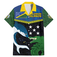 Custom Solomon Islands Rugby Family Matching Mermaid Dress and Hawaiian Shirt Arty Shark and Crocodile Solomon Islands National Emblems LT03 Dad's Shirt - Short Sleeve Blue - Polynesian Pride