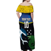 Custom Solomon Islands Rugby Family Matching Off Shoulder Maxi Dress and Hawaiian Shirt Arty Shark and Crocodile Solomon Islands National Emblems LT03 - Polynesian Pride