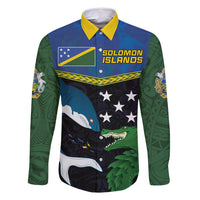 Custom Solomon Islands Rugby Family Matching Off Shoulder Short Dress and Hawaiian Shirt Arty Shark and Crocodile Solomon Islands National Emblems LT03 Dad's Shirt - Long Sleeve Blue - Polynesian Pride
