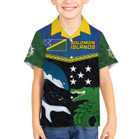 Custom Solomon Islands Rugby Family Matching Off Shoulder Short Dress and Hawaiian Shirt Arty Shark and Crocodile Solomon Islands National Emblems LT03 Son's Shirt Blue - Polynesian Pride