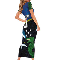 Custom Solomon Islands Rugby Family Matching Short Sleeve Bodycon Dress and Hawaiian Shirt Arty Shark and Crocodile Solomon Islands National Emblems LT03 - Polynesian Pride