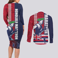 Honolulu Running 2024 Couples Matching Long Sleeve Bodycon Dress and Long Sleeve Button Shirt Marathon Competition Hula Runner and Kakau Art Tattoo