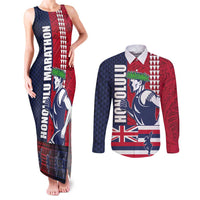 Honolulu Running 2024 Couples Matching Tank Maxi Dress and Long Sleeve Button Shirt Marathon Competition Hula Runner and Kakau Art Tattoo