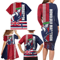 Honolulu Running 2024 Family Matching Long Sleeve Bodycon Dress and Hawaiian Shirt Marathon Competition Hula Runner and Kakau Art Tattoo