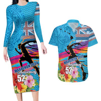 Honolulu Anniversary 52nd Running Couples Matching Long Sleeve Bodycon Dress and Hawaiian Shirt Marathon Competition Kakau Pattern Blue Color LT03 Blue - Polynesian Pride