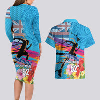 Honolulu Anniversary 52nd Running Couples Matching Long Sleeve Bodycon Dress and Hawaiian Shirt Marathon Competition Kakau Pattern Blue Color LT03 - Polynesian Pride