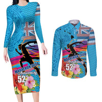 Honolulu Anniversary 52nd Running Couples Matching Long Sleeve Bodycon Dress and Long Sleeve Button Shirt Marathon Competition Kakau Pattern Blue Color