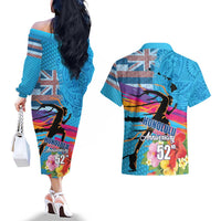 Honolulu Anniversary 52nd Running Couples Matching Off The Shoulder Long Sleeve Dress and Hawaiian Shirt Marathon Competition Kakau Pattern Blue Color