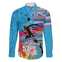 Honolulu Anniversary 52nd Running Family Matching Off Shoulder Short Dress and Hawaiian Shirt Marathon Competition Kakau Pattern Blue Color