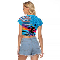 Honolulu Anniversary 52nd Running Raglan Cropped T Shirt Marathon Competition Kakau Pattern Blue Color