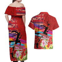 Honolulu Anniversary 52nd Running Couples Matching Off Shoulder Maxi Dress and Hawaiian Shirt Marathon Competition Kakau Pattern Red Color LT03 - Polynesian Pride