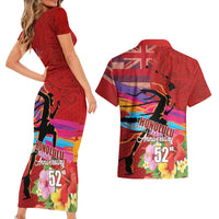 Honolulu Anniversary 52nd Running Couples Matching Short Sleeve Bodycon Dress and Hawaiian Shirt Marathon Competition Kakau Pattern Red Color LT03 - Polynesian Pride