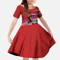 Honolulu Anniversary 52nd Running Family Matching Off The Shoulder Long Sleeve Dress and Hawaiian Shirt Marathon Competition Kakau Pattern Red Color LT03 Daughter's Dress Red - Polynesian Pride