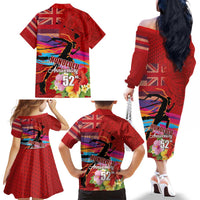 Honolulu Anniversary 52nd Running Family Matching Off The Shoulder Long Sleeve Dress and Hawaiian Shirt Marathon Competition Kakau Pattern Red Color LT03 - Polynesian Pride