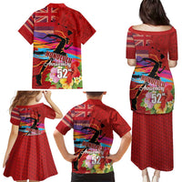 Honolulu Anniversary 52nd Running Family Matching Puletasi and Hawaiian Shirt Marathon Competition Kakau Pattern Red Color LT03 - Polynesian Pride