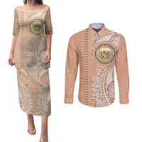 Hawaii Tropical Flowers with Kakau Tribal Couples Matching Puletasi Dress and Long Sleeve Button Shirt Peach Fuzz Color LT03 Peach Fuzz - Polynesian Pride