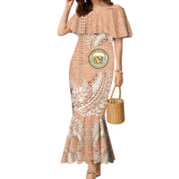 Hawaii Tropical Flowers with Kakau Tribal Family Matching Mermaid Dress and Hawaiian Shirt Peach Fuzz Color LT03 Mom's Dress Peach Fuzz - Polynesian Pride