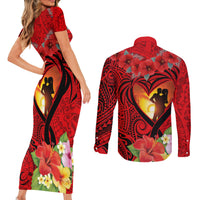 Hawaii Valentine Day Couples Matching Short Sleeve Bodycon Dress and Long Sleeve Button Shirt Couple on Beach mix Hibiscus and Polynesian Tattoo LT03 - Polynesian Pride