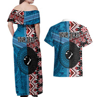 Personalised Aotearoa and Fiji Together Couples Matching Off Shoulder Maxi Dress and Hawaiian Shirt Melanesian Warrior and Koru - Taniko with Hibiscus Tapa Pattern LT03 - Polynesian Pride
