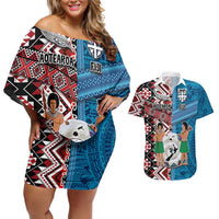 Personalised Aotearoa and Fiji Together Couples Matching Off Shoulder Short Dress and Hawaiian Shirt Melanesian Warrior and Koru - Taniko with Hibiscus Tapa Pattern LT03 Blue - Polynesian Pride