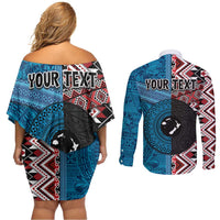 Personalised Aotearoa and Fiji Together Couples Matching Off Shoulder Short Dress and Long Sleeve Button Shirt Melanesian Warrior and Koru - Taniko with Hibiscus Tapa Pattern LT03 - Polynesian Pride