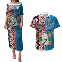 Personalised Aotearoa and Fiji Together Couples Matching Puletasi and Hawaiian Shirt Melanesian Warrior and Koru - Taniko with Hibiscus Tapa Pattern LT03 Blue - Polynesian Pride