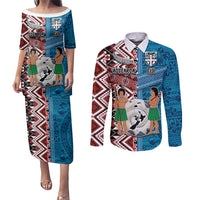 Personalised Aotearoa and Fiji Together Couples Matching Puletasi and Long Sleeve Button Shirt Melanesian Warrior and Koru - Taniko with Hibiscus Tapa Pattern LT03 Blue - Polynesian Pride