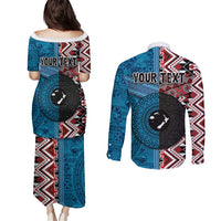 Personalised Aotearoa and Fiji Together Couples Matching Puletasi and Long Sleeve Button Shirt Melanesian Warrior and Koru - Taniko with Hibiscus Tapa Pattern LT03 - Polynesian Pride