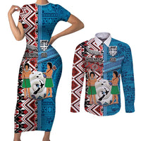 Personalised Aotearoa and Fiji Together Couples Matching Short Sleeve Bodycon Dress and Long Sleeve Button Shirt Melanesian Warrior and Koru - Taniko with Hibiscus Tapa Pattern LT03 Blue - Polynesian Pride