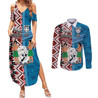 Personalised Aotearoa and Fiji Together Couples Matching Summer Maxi Dress and Long Sleeve Button Shirt Melanesian Warrior and Koru - Taniko with Hibiscus Tapa Pattern LT03 Blue - Polynesian Pride