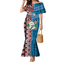 Personalised Aotearoa and Fiji Together Family Matching Mermaid Dress and Hawaiian Shirt Melanesian Warrior and Koru - Taniko with Hibiscus Tapa Pattern LT03 Mom's Dress Blue - Polynesian Pride