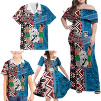 Personalised Aotearoa and Fiji Together Family Matching Off Shoulder Maxi Dress and Hawaiian Shirt Melanesian Warrior and Koru - Taniko with Hibiscus Tapa Pattern LT03 - Polynesian Pride