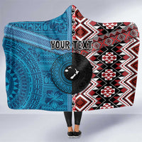 Personalised Aotearoa and Fiji Together Hooded Blanket Melanesian Warrior and Koru - Taniko with Hibiscus Tapa Pattern LT03 One Size Blue - Polynesian Pride