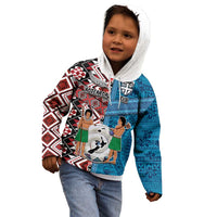 Personalised Aotearoa and Fiji Together Kid Hoodie Melanesian Warrior and Koru - Taniko with Hibiscus Tapa Pattern LT03 - Polynesian Pride