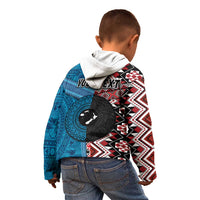 Personalised Aotearoa and Fiji Together Kid Hoodie Melanesian Warrior and Koru - Taniko with Hibiscus Tapa Pattern LT03 - Polynesian Pride