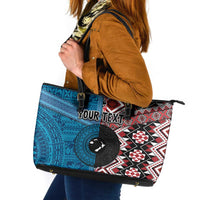 Personalised Aotearoa and Fiji Together Leather Tote Bag Melanesian Warrior and Koru - Taniko with Hibiscus Tapa Pattern LT03 Blue - Polynesian Pride