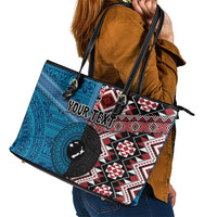 Personalised Aotearoa and Fiji Together Leather Tote Bag Melanesian Warrior and Koru - Taniko with Hibiscus Tapa Pattern LT03 - Polynesian Pride